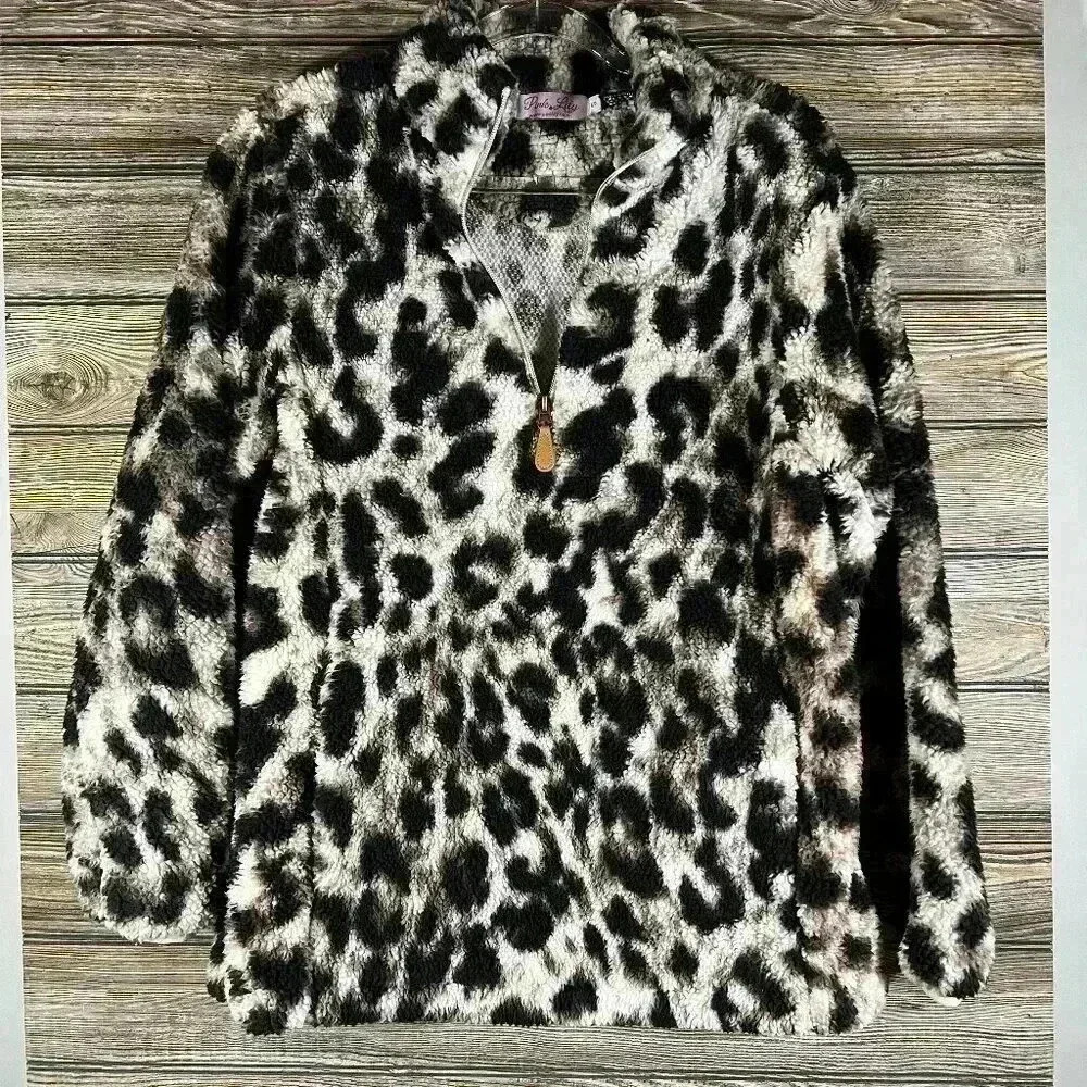 Pink Lily Leopard Sherpa Half Zip Pullover Size Small
